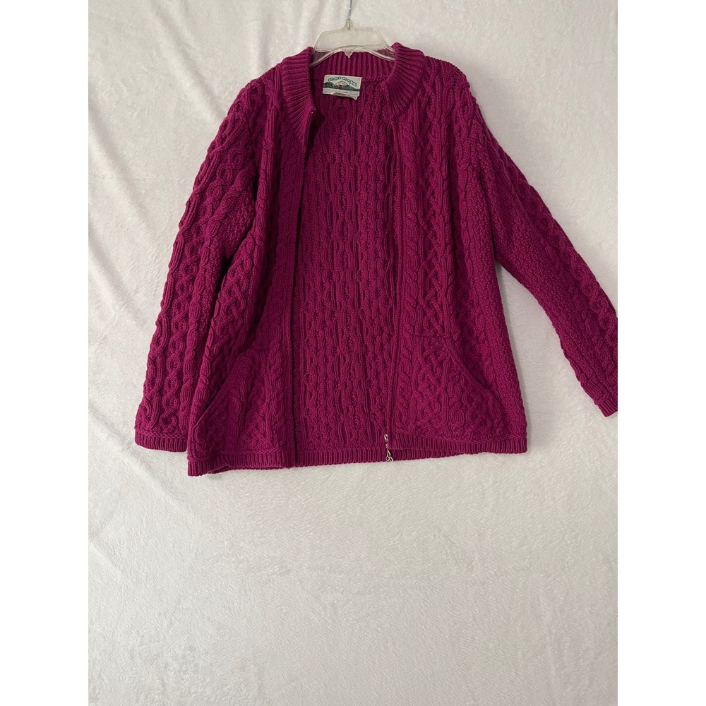Aran Crafts Magenta Pink 100% Merino Wool Cable Knit Zip Cardigan Sweater M